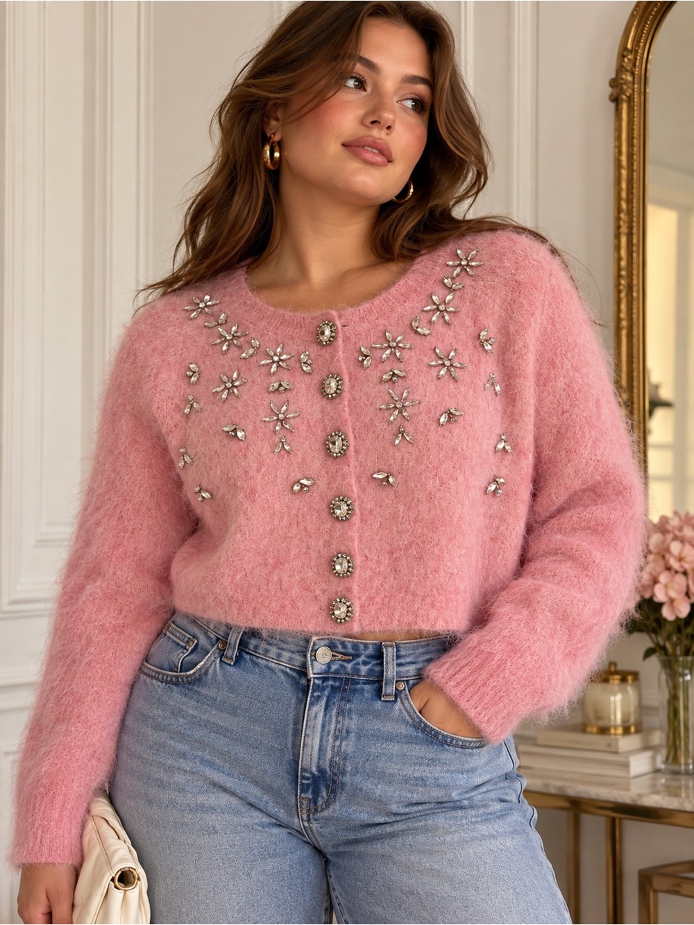 Rabanne x H&M Pink Crystal Embellished Mohair Cropped Cardigan XL